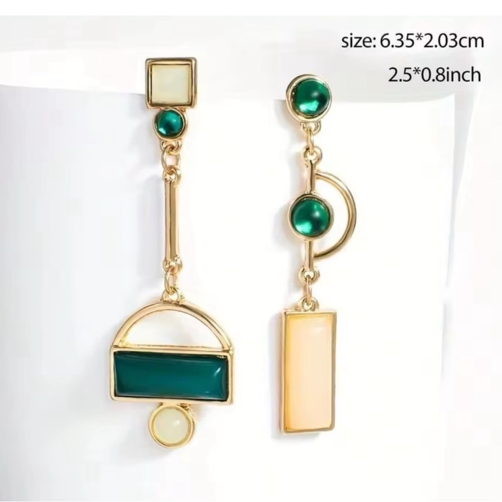 Gold Green Asymmetrical Geometric Earrings - Picture 9 of 13